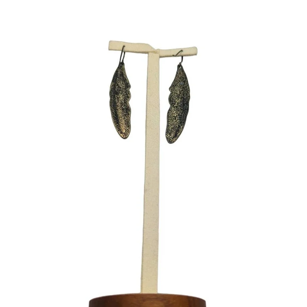 Blue Hand-Painted Brass Feather Earrings - Picture 3 of 8